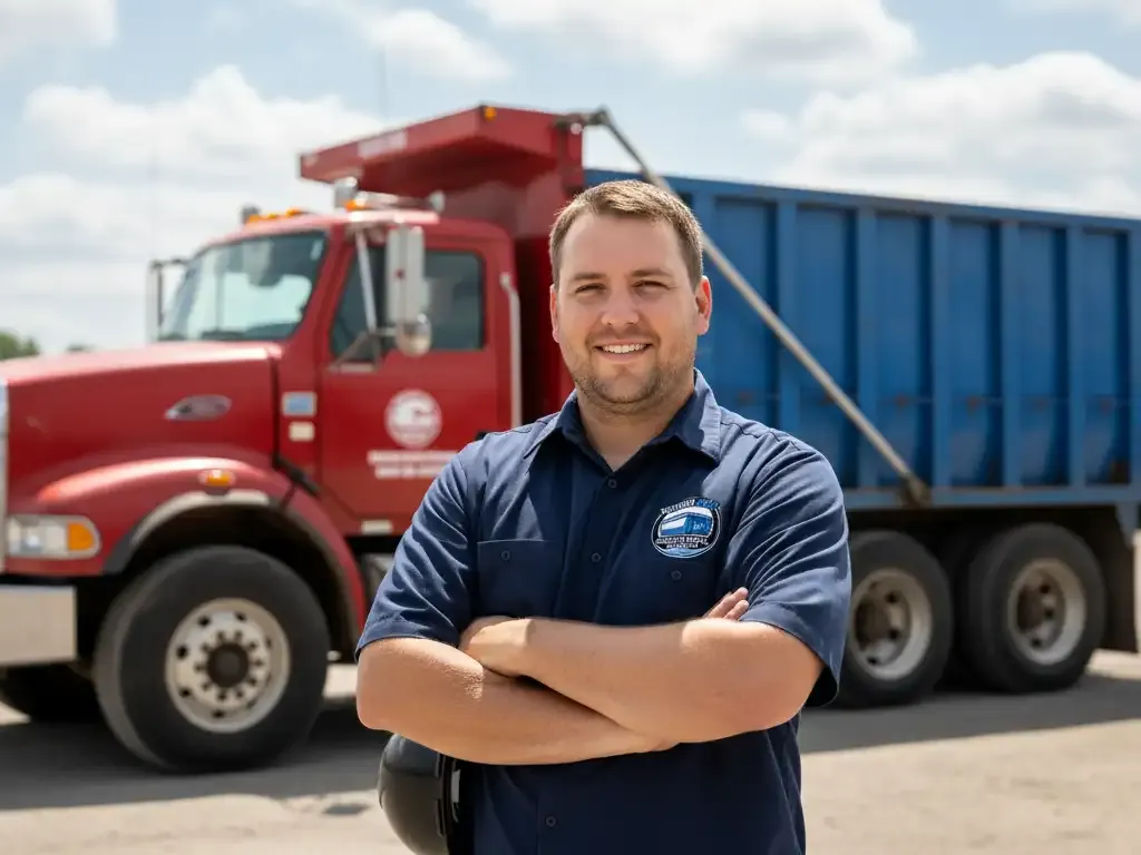 The Bedford Bros Dumpster Rental team with a roll-off truck and container in New Bedford, MA