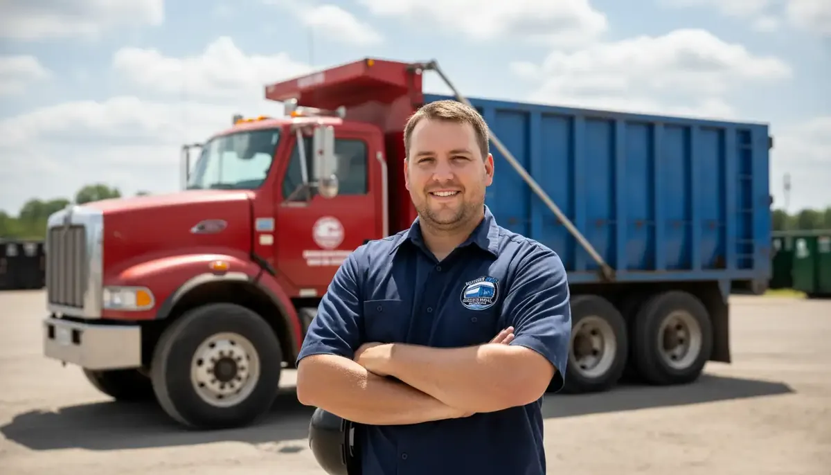 The Bedford Bros Dumpster Rental team beside a roll-off truck and container in New Bedford, MA